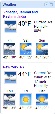 Today's weather in Srinagar and New York from iGoogle Weather gadget